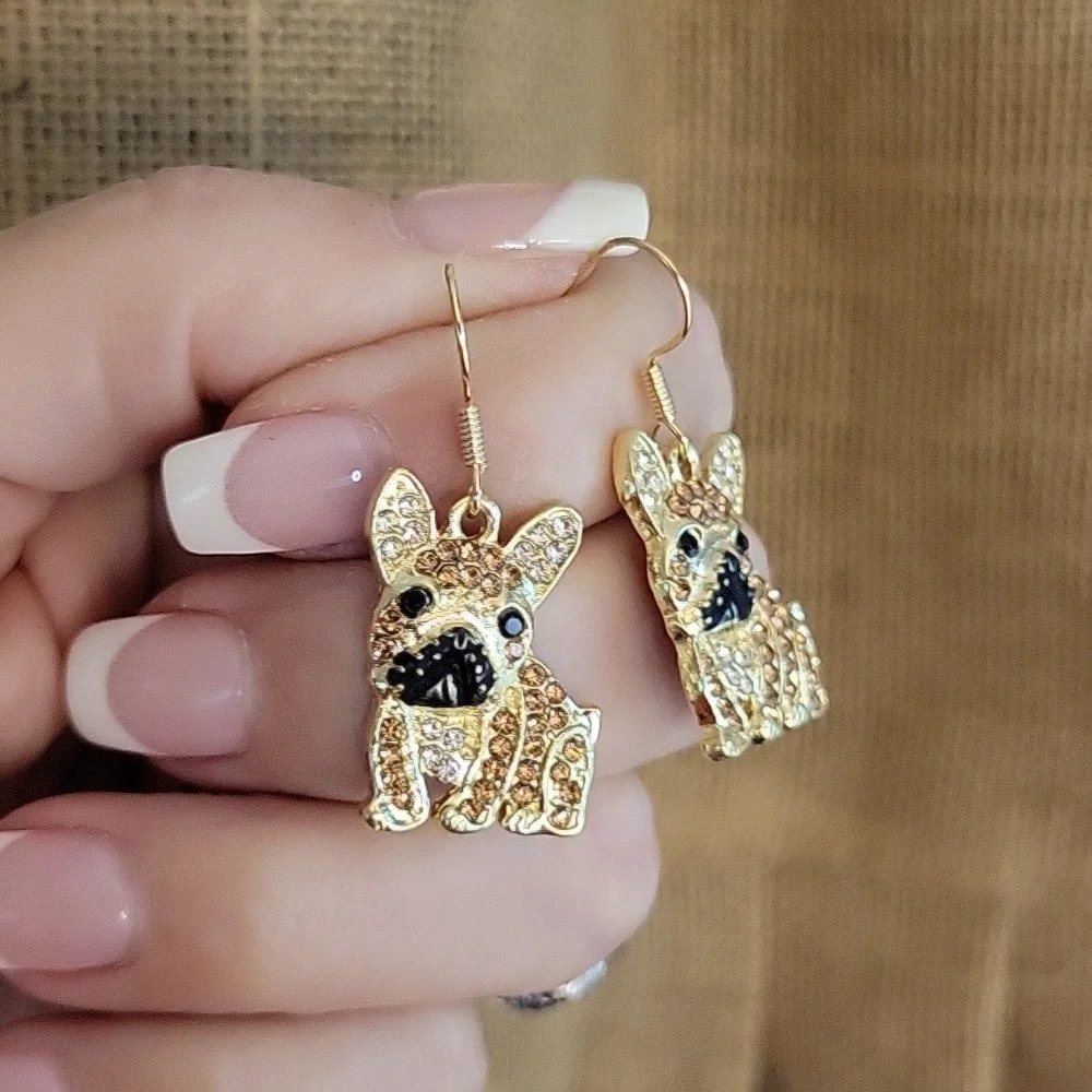 🔥LAST PAIR🔥 FRENCH BULLDOG SPARKLE DROP EARRINGS - Picture 4 of 6